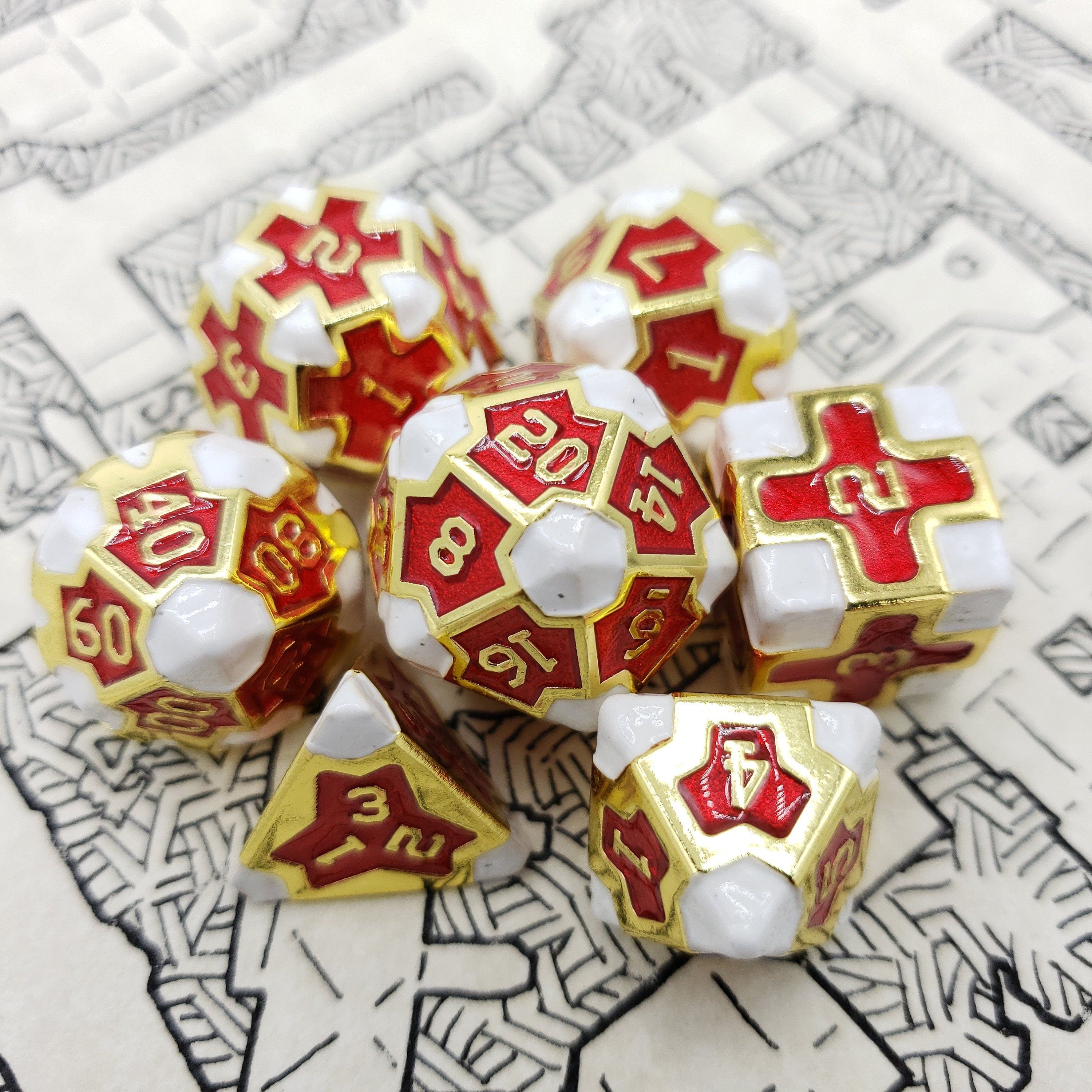 MEDIC METAL DICE DnD Dice Set - RPGDice Dungeons Dragons Dnd Dice Set- Stylish Gold Red & White Metal Dice Set -Polyhedral Dice Set